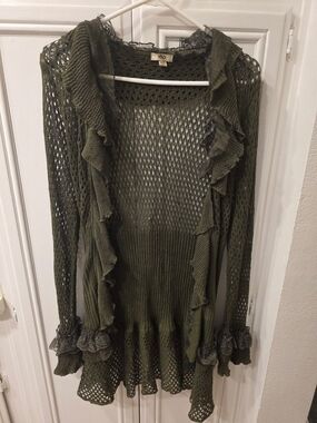 Hendi Women's Olive Open-Knit Ruffle-Trim Cardigan ~ Size M/L